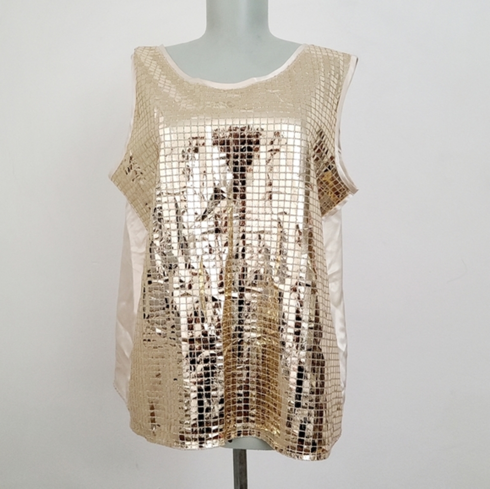 Russell Kemp ivory and gold lamé reversible top